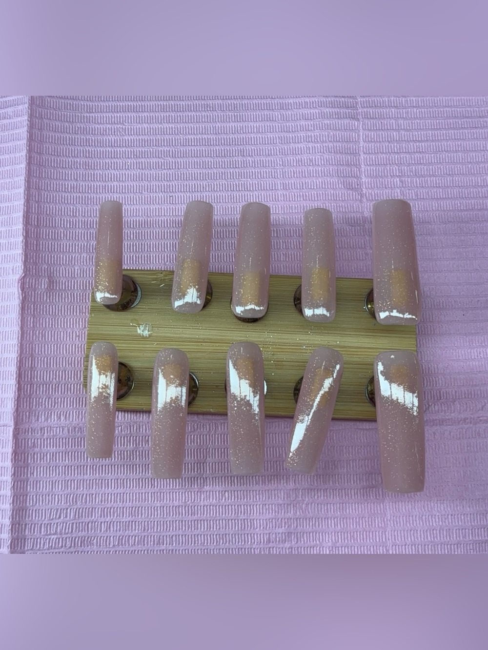 Extra long square press on nails glitter nude base handmade
